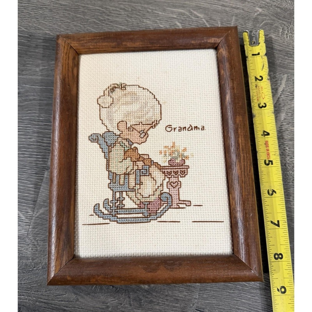 Vtg Grandma Completed Cross Stitch Framed Picture